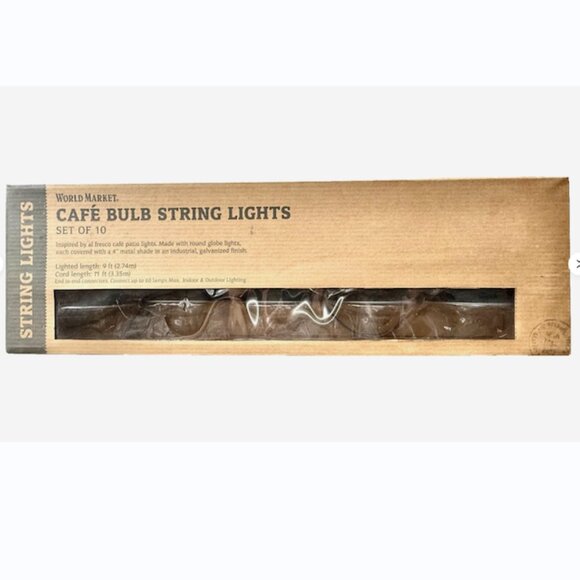 World Market Café Bulb String Lights 10ct Galvanized Industrial Patio Bistro New - Picture 2 of 7